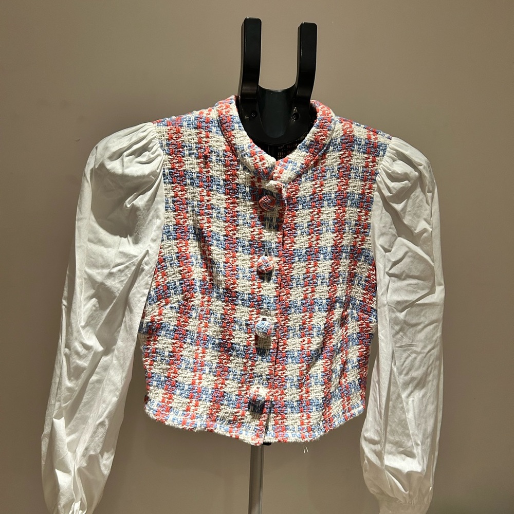 Zara Colorful Tweed Blazer with White Puff Sleeves